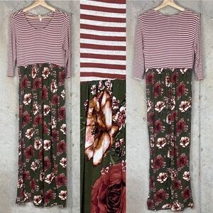 Honeyme boutique brand burnt orange striped forest green floral maxi dress